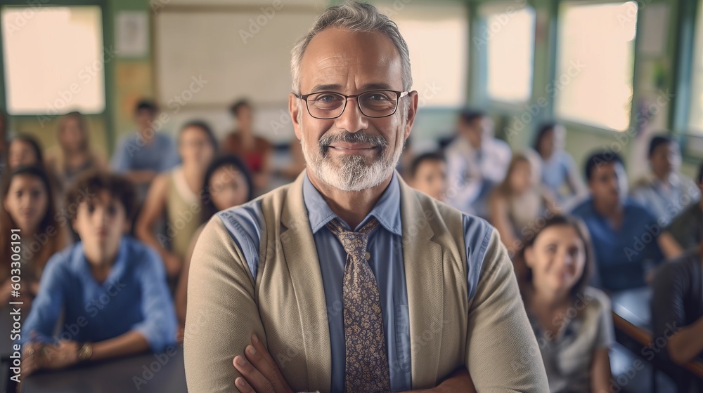 Portrait of teacher smiling at camera at back of classroom. Generative AI.