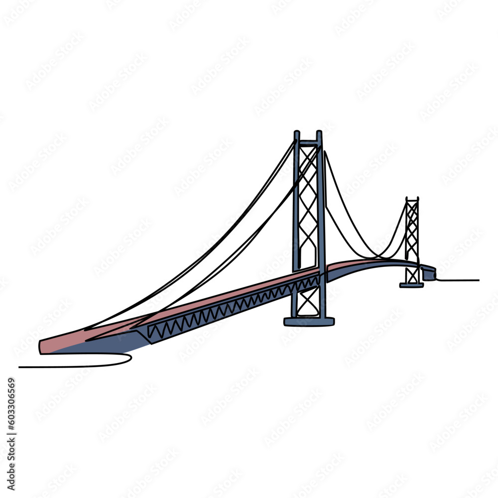Fototapeta premium One continuous line drawing of bridge design illustration. Bridge architecht in simple linear style. Construction design concept. Vector illustration