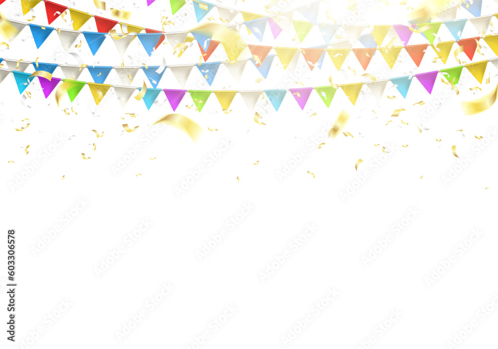 Garland flag with falling confetti. Celebration background for party, carnival, birthday or presentation. Vector illustration.