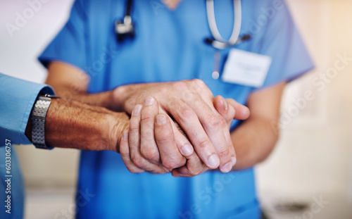 Care, support and a doctor holding hands with a man for healthcare, help and service. Caregiver, love and closeup of a nurse with a helping hand for a senior person for medical trust and nursing