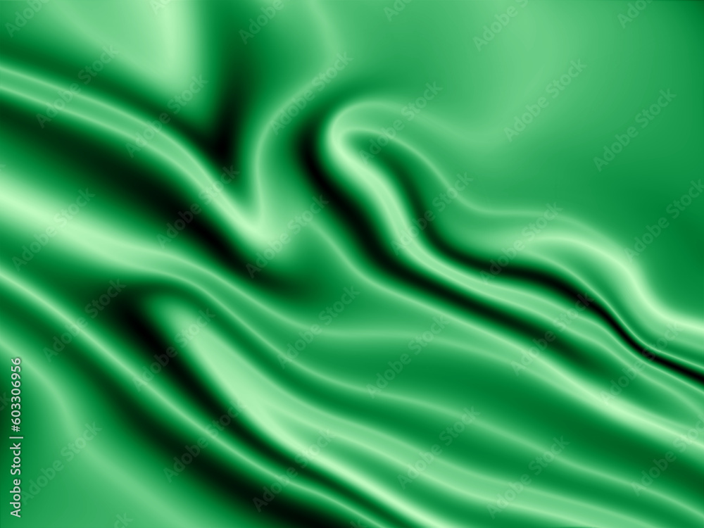 Abstract grainy green smooth, vibrant green wavy line silk, 3D liquid wave background. Fluid colors 