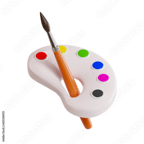 brush and palletterender icons of brushes and palettes with paints for drawing and artists. vector illustration in realistic 3d effect on isolated white background