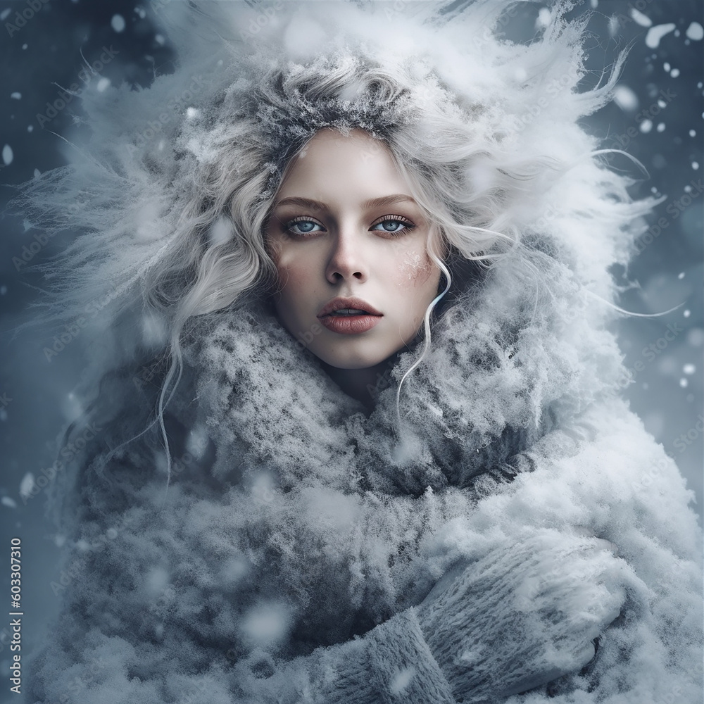Φωτογραφία Winter frosty portrait of young beautiful woman, lady winter, wearing warm clothes
