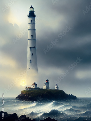 Lighthouse in the rough sea. AI generated illustration