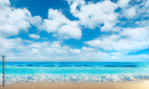 Landscape, summer tropical beach. Azure sea, ocean, waves, surf, blue sky with cumulus clouds, ,sand. Design concept for travel, family vacation. Natural beach background. Illustration. Generative AI