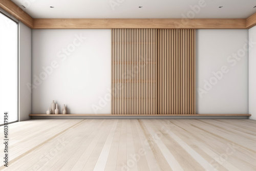 Fototapeta Naklejka Na Ścianę i Meble -  Japanese style empty room decorated with white wall and wooden slats wall, white concrete floor. 3d rendering 