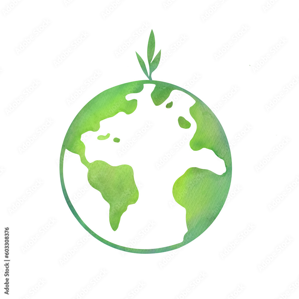 hand drawn Watercolor Earth day. The green planet is globe plants and flowers grow around it. Eco illustration on a transparent background. world Environment day, environmental protection poster 