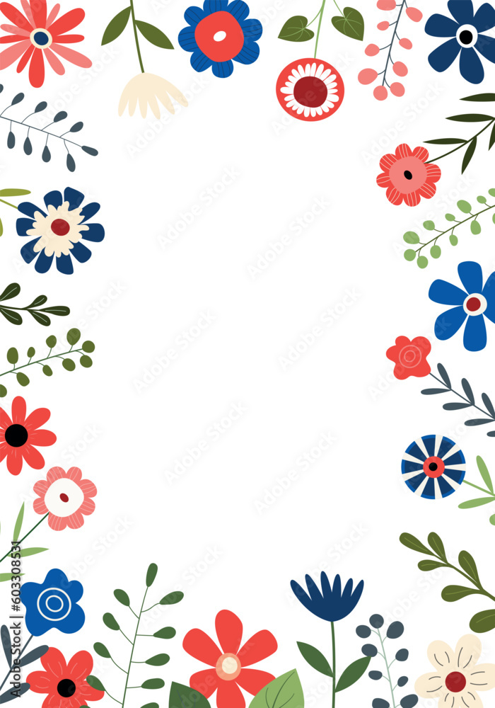 Floral frame with red, white, and blue flowers. Vector illustration. Holiday decor. American Independence Day. Isolated on white background.