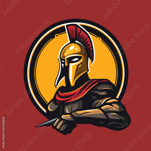 warrior spartan knight head e sport logo badge vector illustration