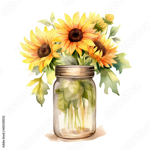 Watercolor Sunflowers glass jar Clipart -Watercolor bouquet of sunflowers- fall sunflower floral bouquets in PNG format instant download for commercial use(Ai Generatives) photo