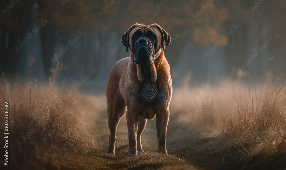 Photo of Mastiff, standing tall and proud in a grassy field with a hint of morning mist illuminating the Mastiff's powerful form, highlighting its muscular build and dignified gaze. Generative AI Photo of Mastiff, standing tall and proud in a grassy field with a hint of morning mist illuminating the Mastiff's powerful form, highlighting its muscular build and dignified gaze. Generative AI