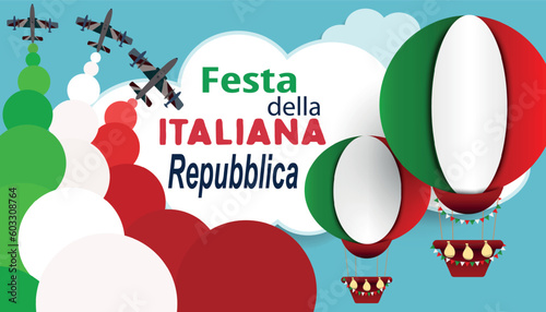  Republic Day of Italy greeting banner in italian - Air Force celebrating, jet planes parade. Fighters releasing colours white, green and red smoke.