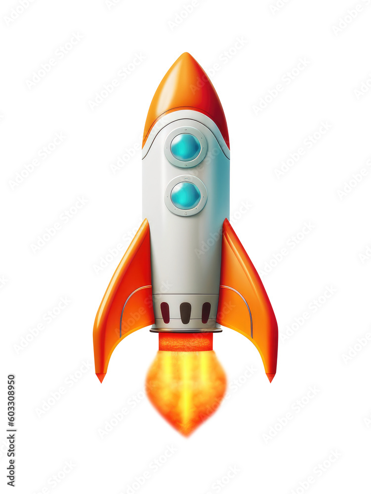 3D model space rocket with flame isolated on white, transparent background, PNG, generative ai 3D model space rocket with flame isolated on white, transparent background, PNG, generative ai