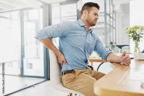 Cuadro en lienzo Business man, back pain and stress in office with burnout, fatigue or muscle injury at desk