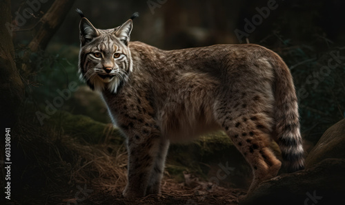 photo of lynx standing in the forest. Generative AI © Bartek