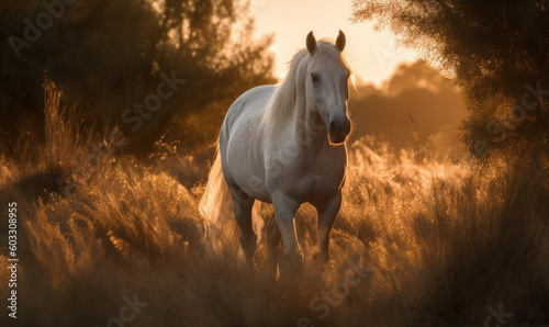 photo of Lipizzaner in tall grass at sunset. Generative AI