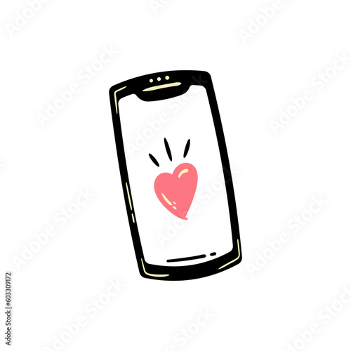 Handphone and love heart messages smartphone cute doodle hand drawn vector illustration