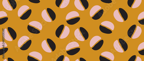 Cute Hand Drawn Abstract Coffee Grains Vector Pattern. Pink-Black Coffee Seeds on a Golden Orange Background. Simple Irregular Vector Print with Coffee Beans on a Mustard Yellow ideal for Fabric. 