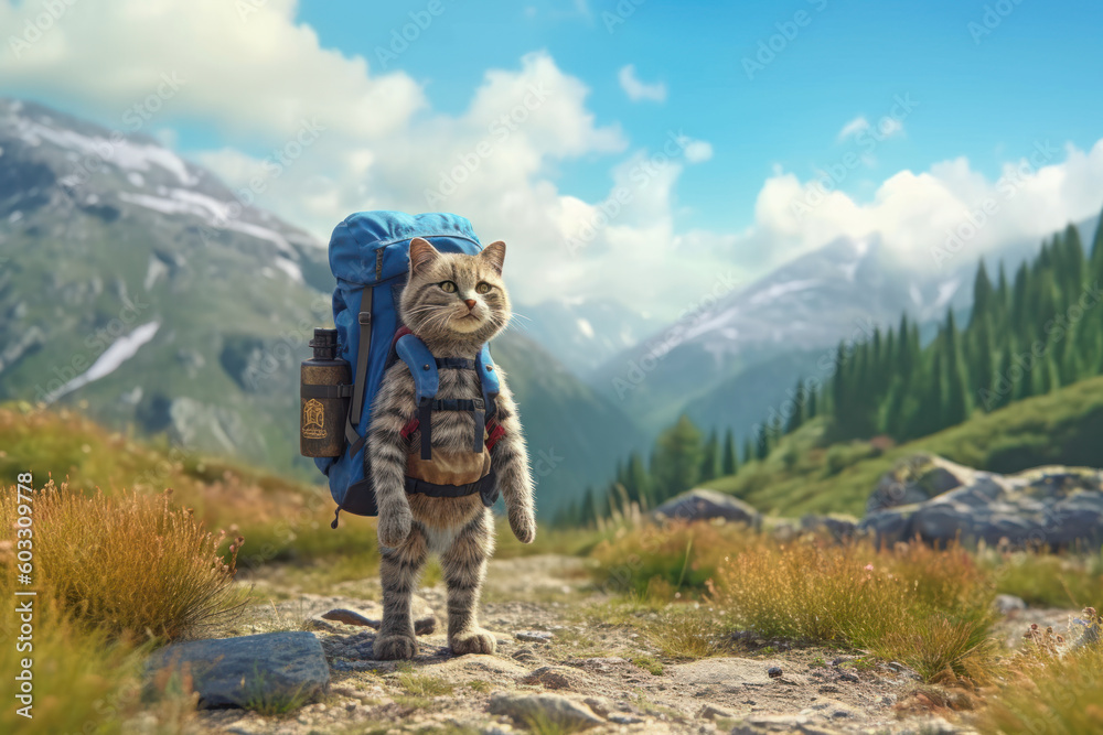 Cat traveler backpacker standing in a mountains with backpack on summer vacation. Travel with pet concept
