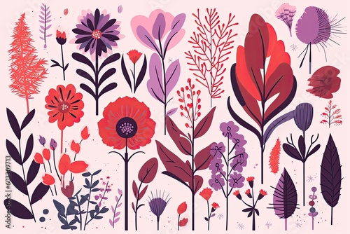 Set of colorful flower plants on a pink background. Generative AI