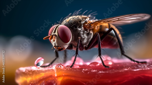 macro image of a fly standing on a piece of food, Generative AI Technology © kiril