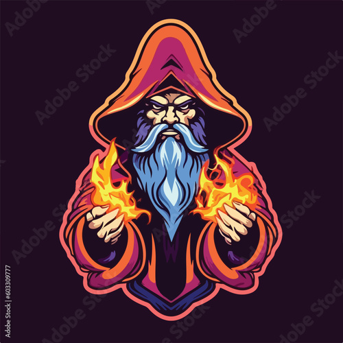 wizard magic fire head e sport logo badge vector illustration