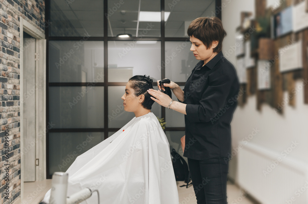 hairdresser makes a haircut to a woman in the salon. The hairdresser cuts wet hair, combing with a comb. client with short hair. back view hairdresser makes a haircut to a woman in the salon. The hairdresser cuts wet hair, combing with a comb. client with short hair. back view