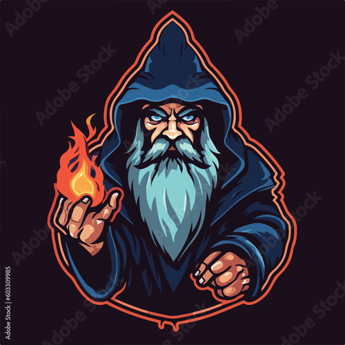 wizard magic fire head e sport logo badge vector illustration