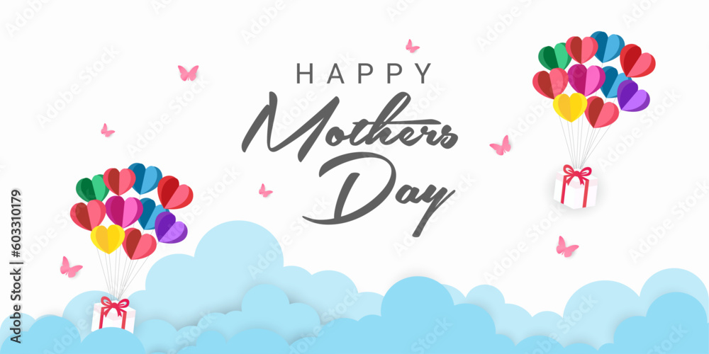 Mother's Day greeting card banner vector with 3d flying hearts and Gift box with flying butter flay.