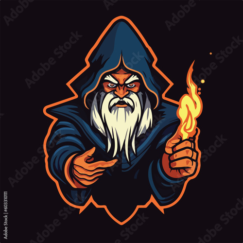 wizard magic fire head e sport logo badge vector illustration