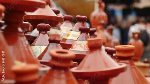 Tagines Pottery on Moroccan Street Market, Shallow Depth of Field