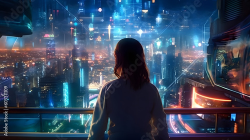 a girl was watching Artificial Intelligence Future in city view AI-Generated 