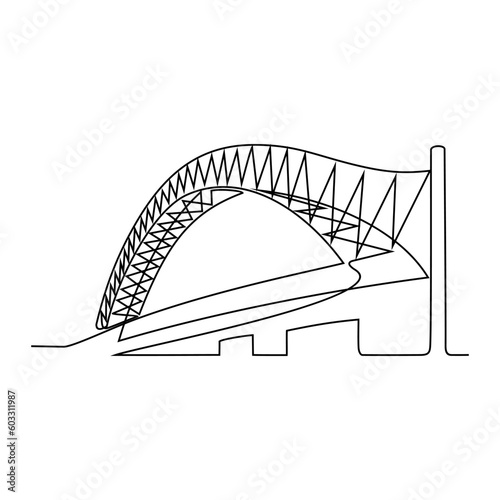 One continuous line drawing of bridge design illustration. Bridge architecht in simple linear style. Construction design concept. Vector illustration