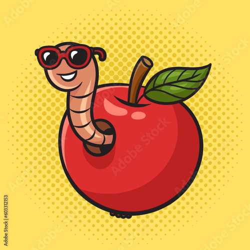 cartoon worm peeking out of an apple pinup pop art retro vector illustration. Comic book style imitation.