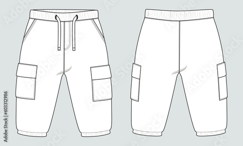 Fleece cotton jersey basic Sweat pant technical drawing fashion flat sketch template front and back views. Apparel jogger pants vector illustration mock up for kids and boys.