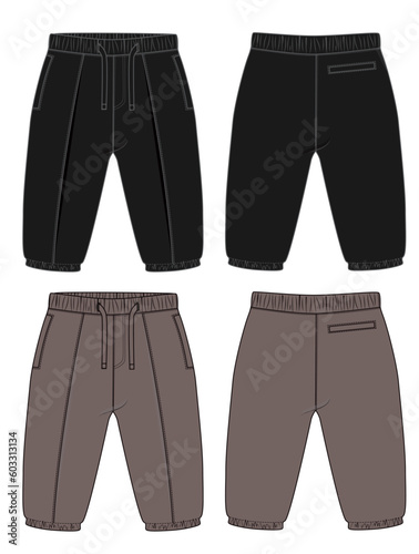Fleece cotton jersey basic Sweat pant technical drawing fashion flat sketch template front and back views. Apparel jogger pants vector illustration Black and Khaki color mock up for kids and boys.