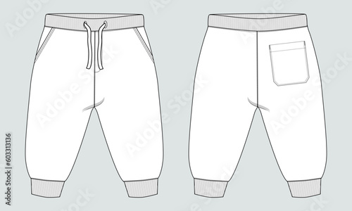 Fleece cotton jersey basic Sweat pant technical drawing fashion flat sketch template front and back views. Apparel jogger pants vector illustration mock up for kids and boys.