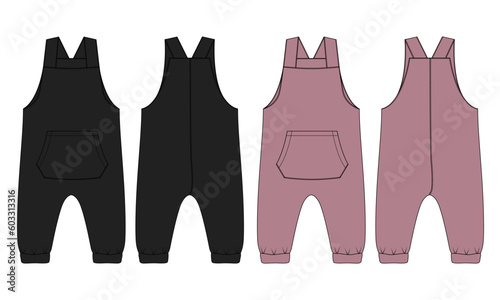 All in one dungaree bodysuit technical drawing fashion flat sketch vector illustration black and khaki color template for kids