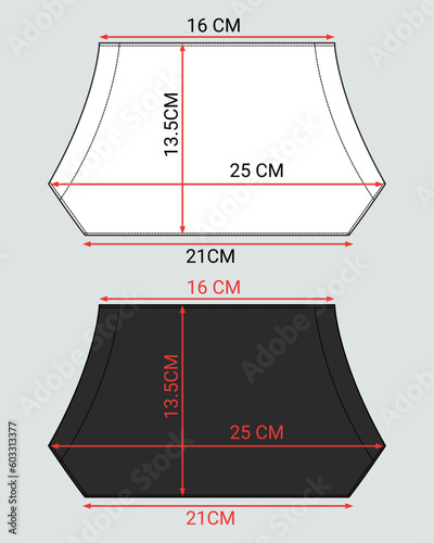 White and black color kangaroo pocket flat sketch vector illustration with measurement details