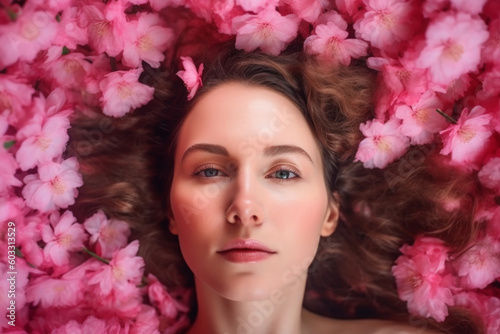 This stunning portrait captures the beauty of a girl surrounded by delicate pink rose petals, creating a dreamy and romantic atmosphere. Generative AI Technology.