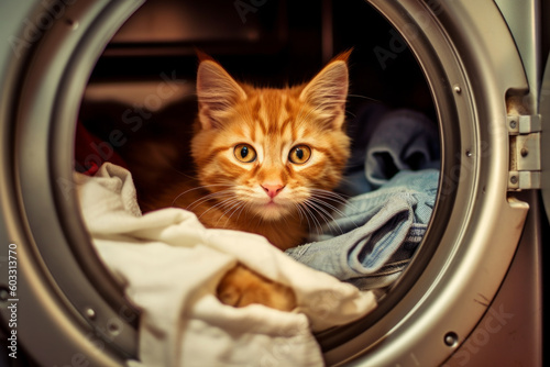 cat lounging in an open washing machine filled with clothes, creating a funny and cute visual. Generative AI Technology.