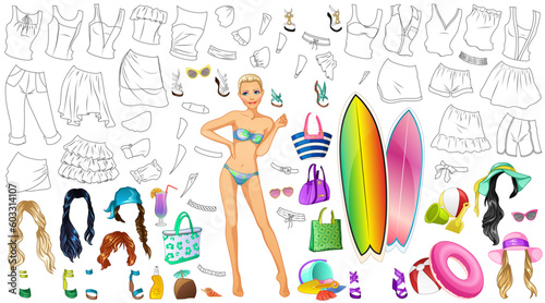 Summer Outfit Coloring Page Paper Doll with Clothes, Hairstyles and Accessories. Vector Illustration