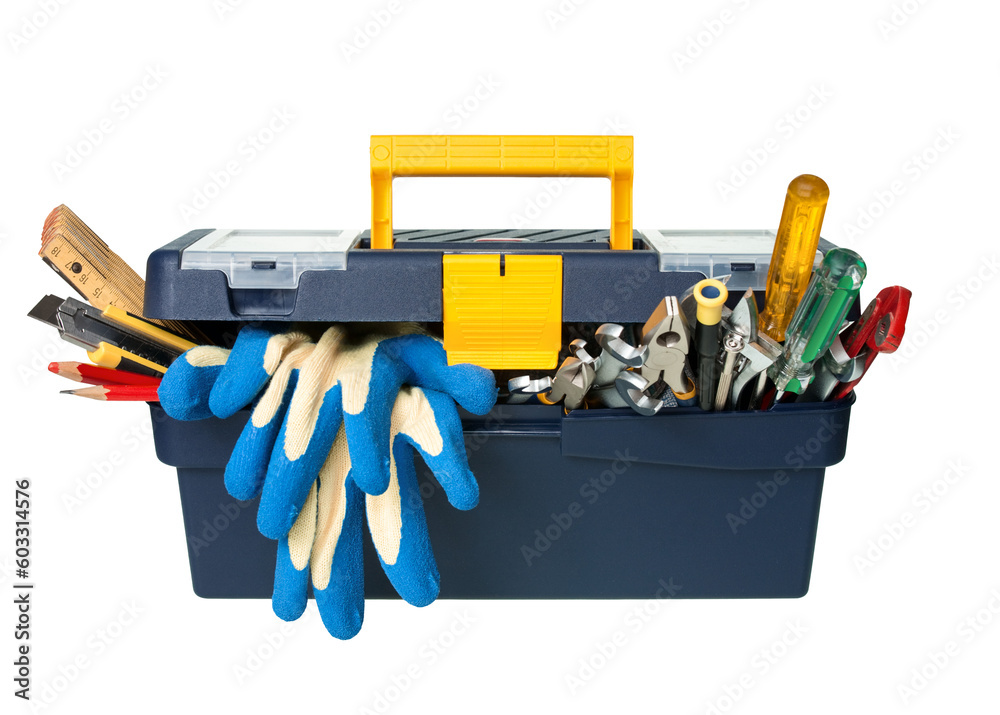 Plastic workbox with assorted tools on white background