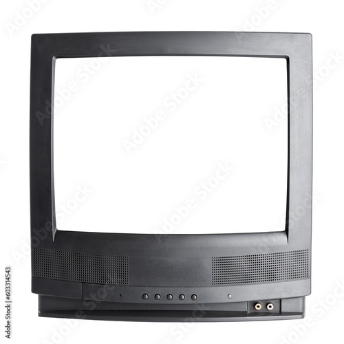 Front panel of vintage black stereo CRT television set with cut out screen isolated on white background. Retro technology concept
