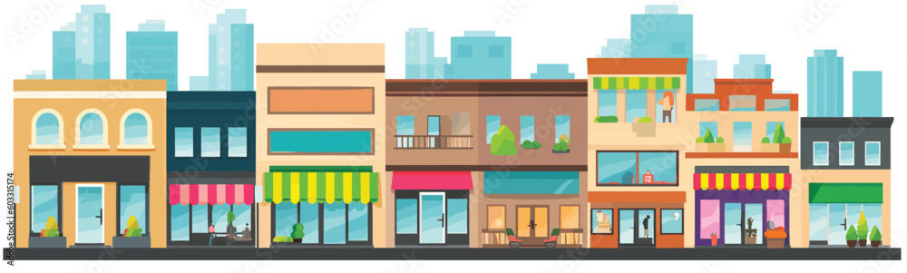 Shop buildings street background wide vector