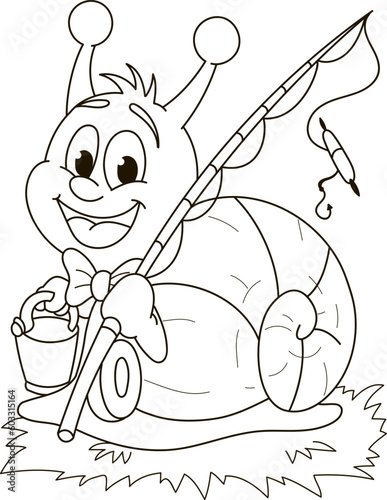 Coloring page outline of the cartoon smiling cute fisher snail. Colorful vector illustration, summer coloring book for kids.