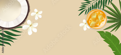 vector postcard with tropical beach. banner with coconut and orange cocktail with ice
