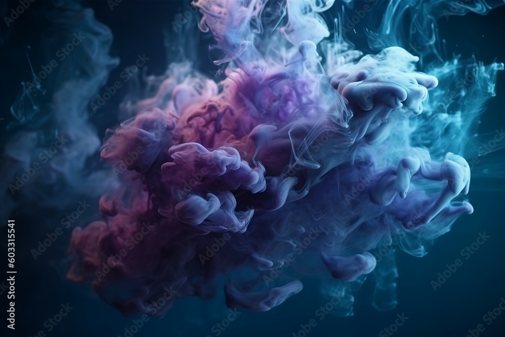 Clubs of colored smoke on a black background. Generative AI.