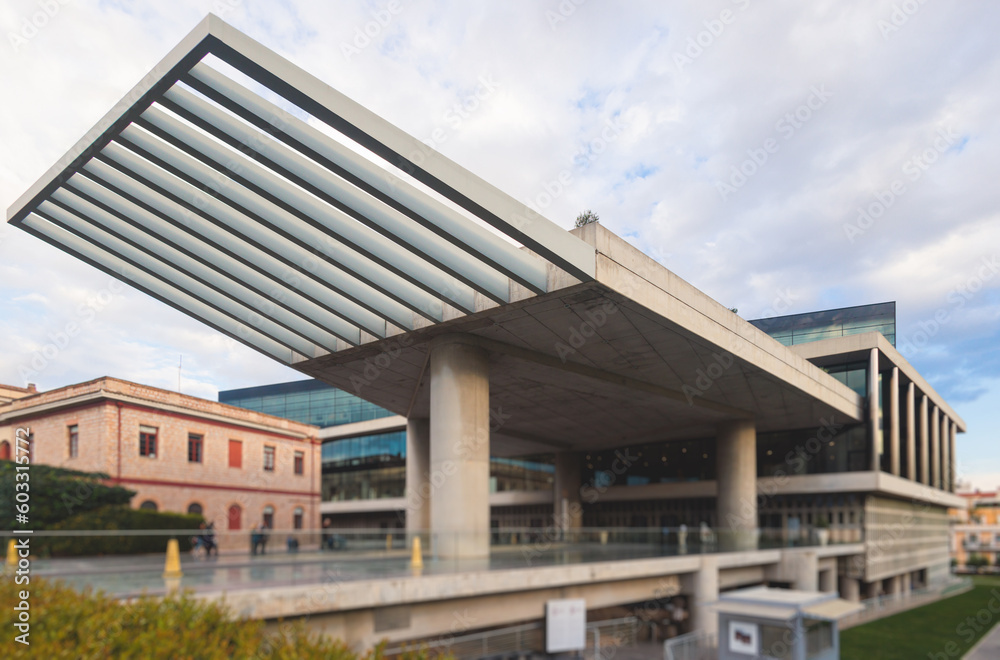 View of Acropolis Museum facade building exterior entrance, an archaeological museum in Athens center, Attica, Greece in a summer sunny day