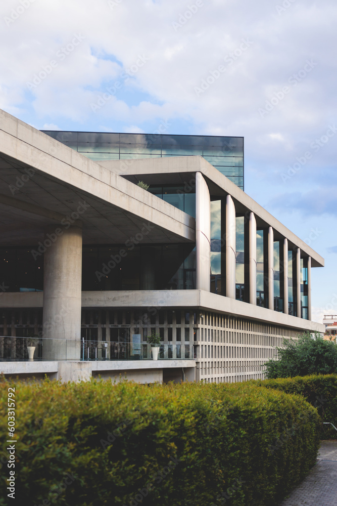 Fototapeta premium View of Acropolis Museum facade building exterior entrance, an archaeological museum in Athens center, Attica, Greece in a summer sunny day